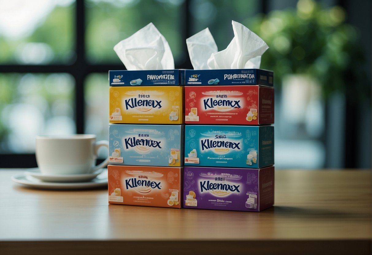 A stack of Kleenex tissue boxes with "Promotions Singapore" displayed prominently