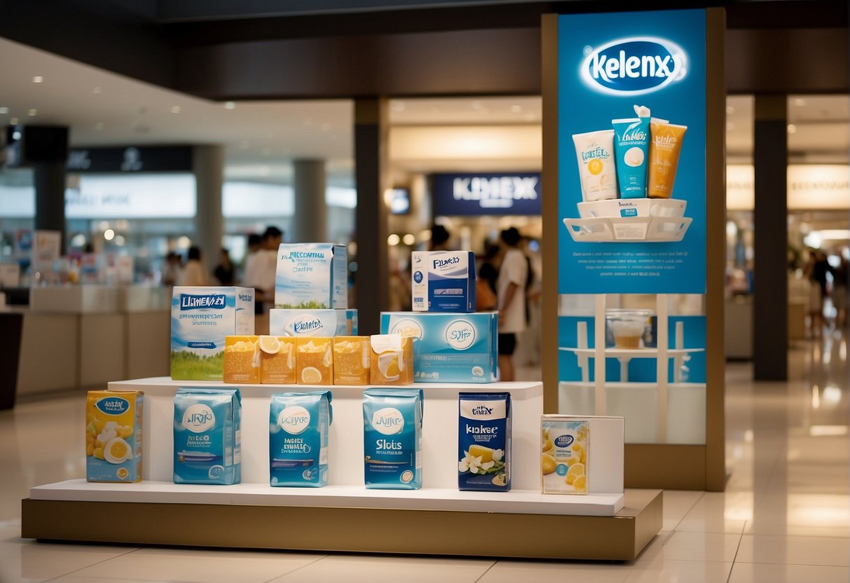 A sleek, modern Kleenex promotional display in a bustling Singapore shopping mall. Bright, eye-catching signage and a display of various Kleenex products arranged in an attractive and organized manner