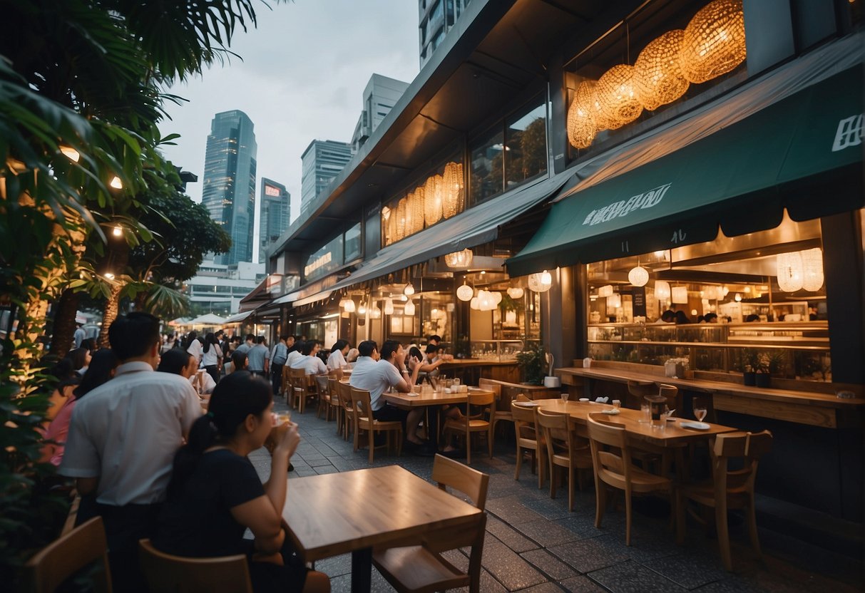 A bustling restaurant with bright signage and outdoor seating, surrounded by a busy street in Singapore