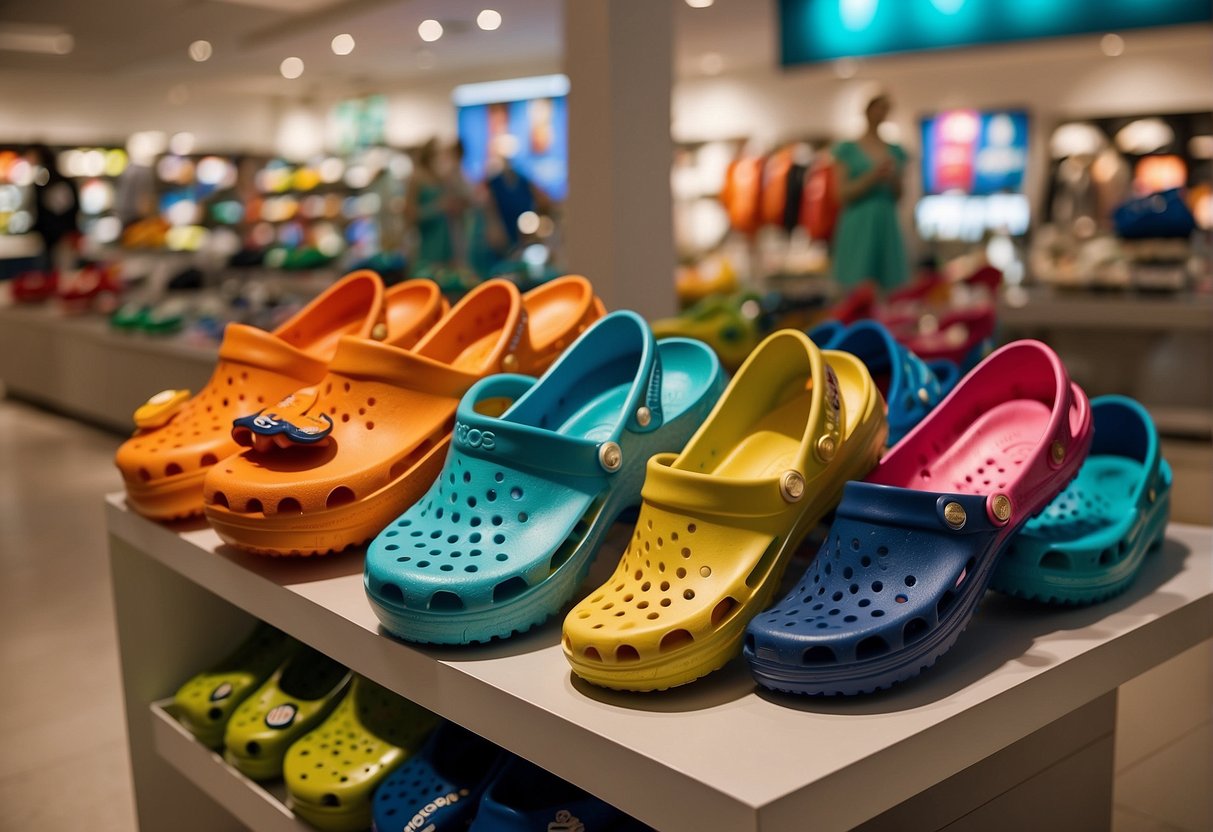 A colorful display of Crocs shoes with promotional signs in a bustling Singapore retail store