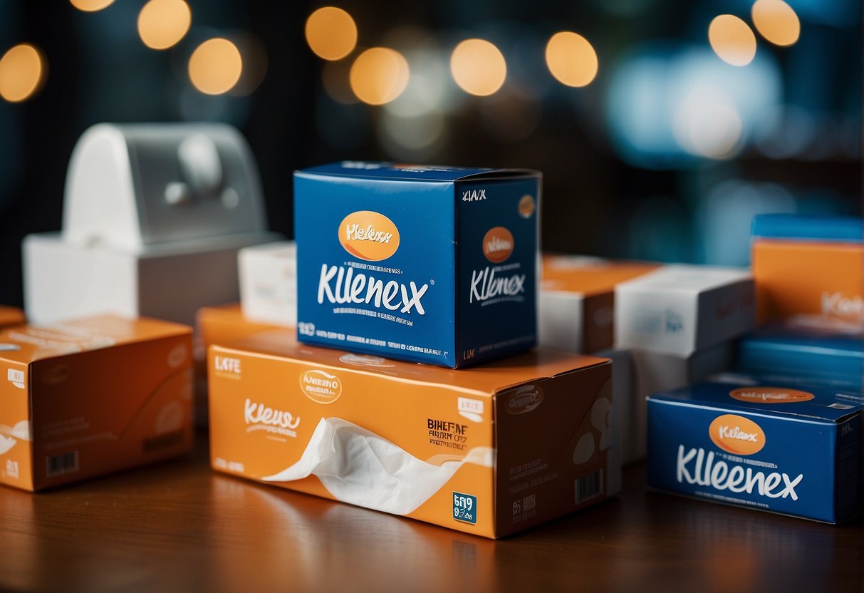 A stack of Kleenex boxes surrounded by promotional materials in a Singaporean setting