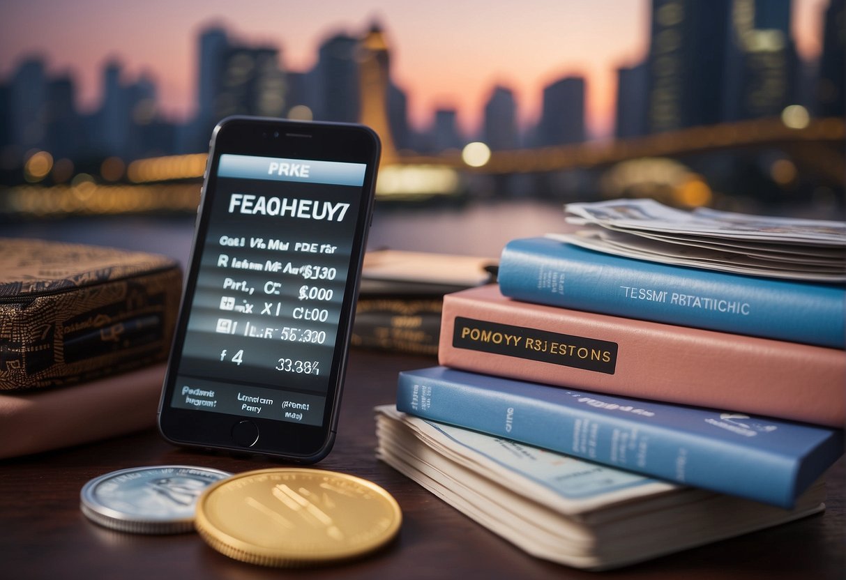A stack of promotional items with "Frequently Asked Questions" labels, set against a backdrop of iconic Singapore landmarks