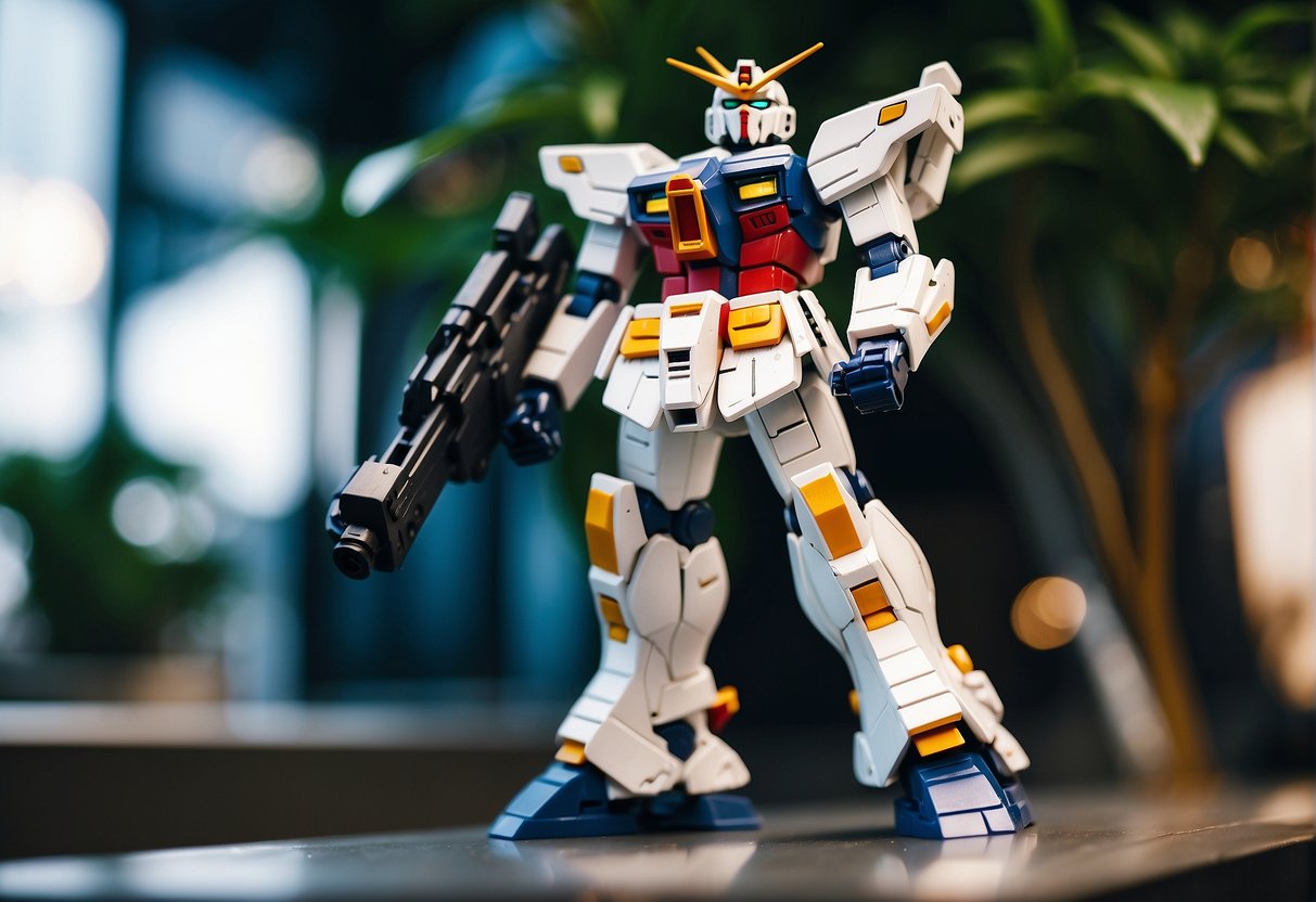 A gundam model displayed with promotional materials in Singapore