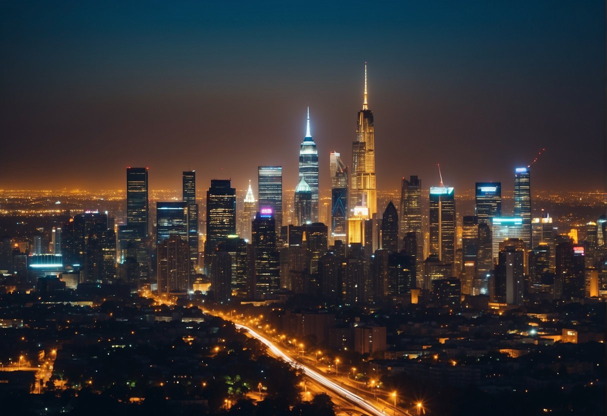 Bright city skyline with iconic landmarks, bustling streets, and vibrant nightlife. Promotional banners and signs for events and attractions fill the cityscape