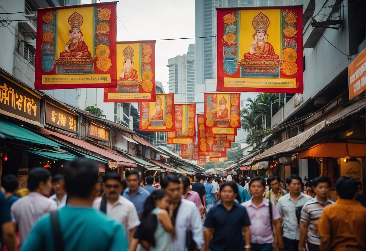 Colorful banners and signs adorn the bustling streets of Singapore, promoting Rang Mahal, a vibrant and lively cultural event