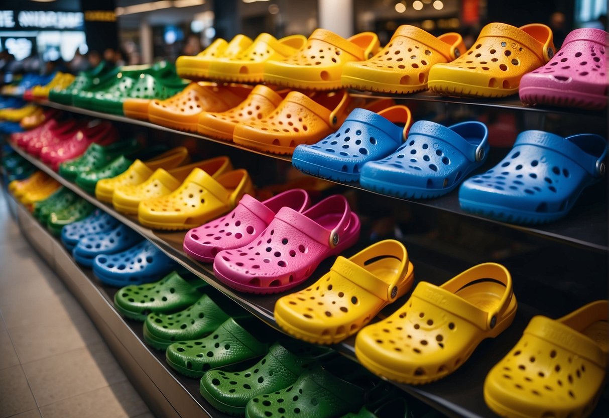 Brightly colored Crocs arranged in a display with promotional signage in a Singapore store