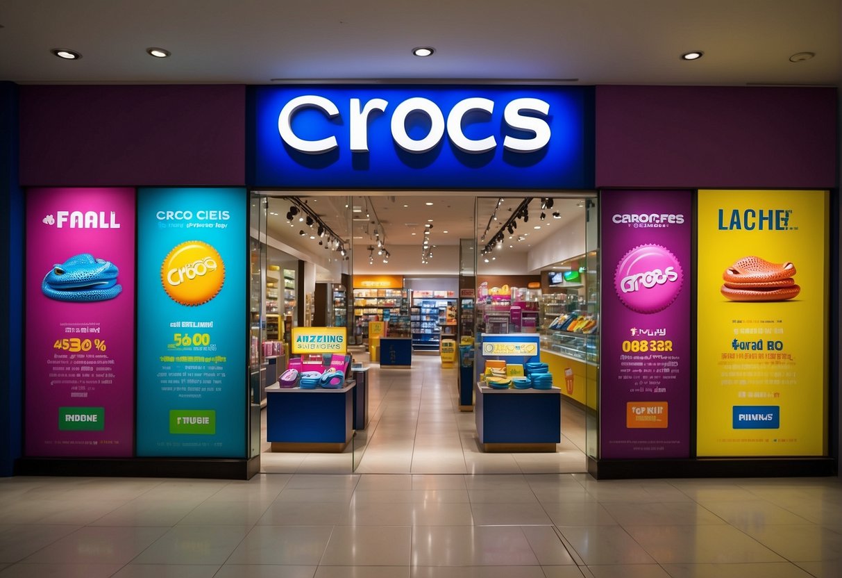 A vibrant display of "Exclusive Offers for New Customers" at a Crocs store in Singapore. Bright signage and enticing promotions draw in potential shoppers