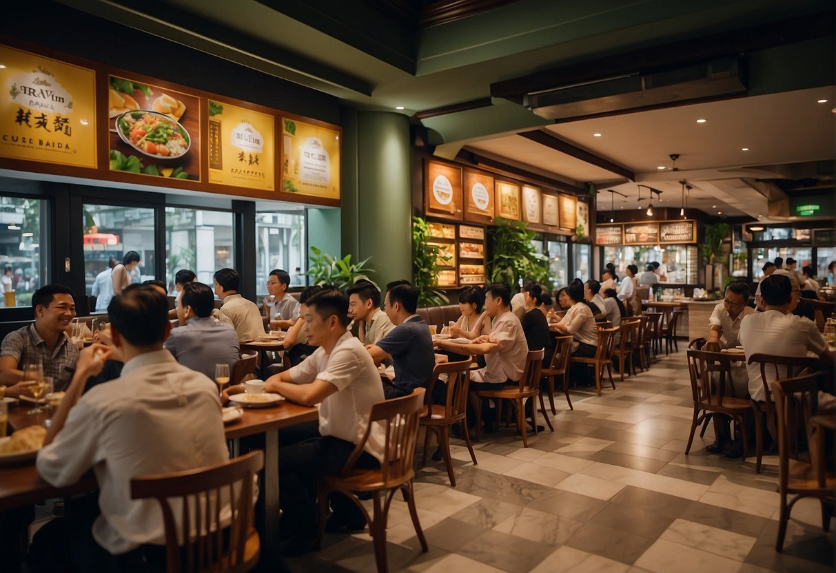 A bustling PappaRich restaurant in Singapore, with colorful promotional posters adorning the walls and customers enjoying the various food and drink offers