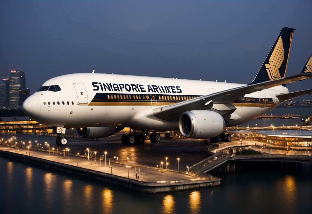 A Singapore Airlines plane flying over the iconic skyline of Singapore, with the Krisflyer logo prominently displayed on the aircraft's tail