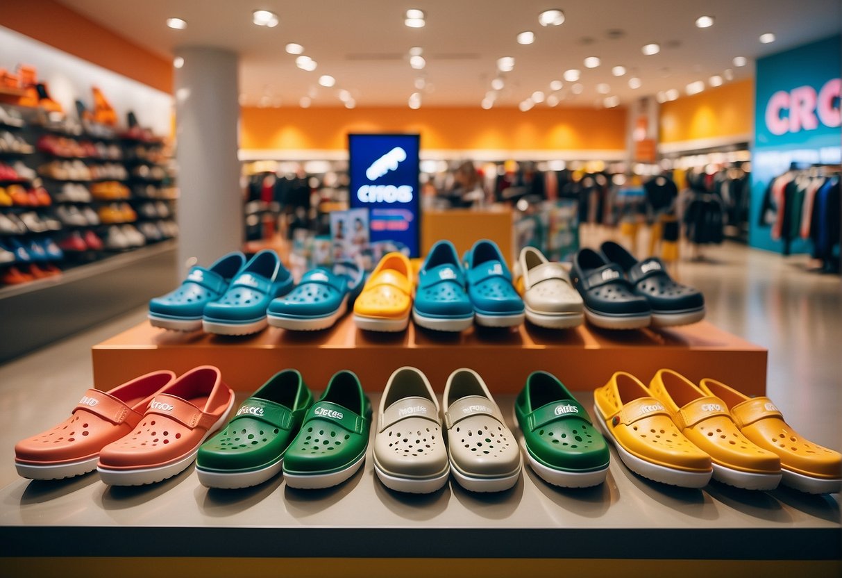 A colorful display of Crocs footwear with promotional signage in a bustling Singapore store