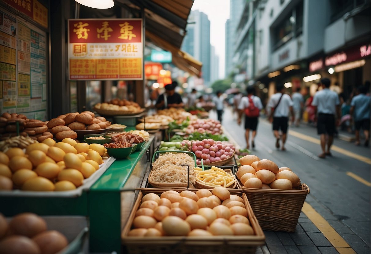 A bustling street in Singapore adorned with colorful banners and signs promoting ham products