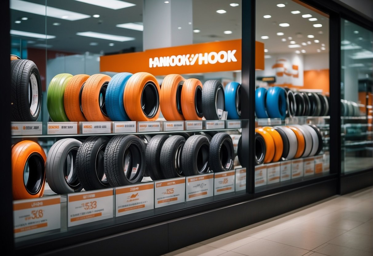 A colorful display of Hankook tire promotions in a Singaporean storefront window