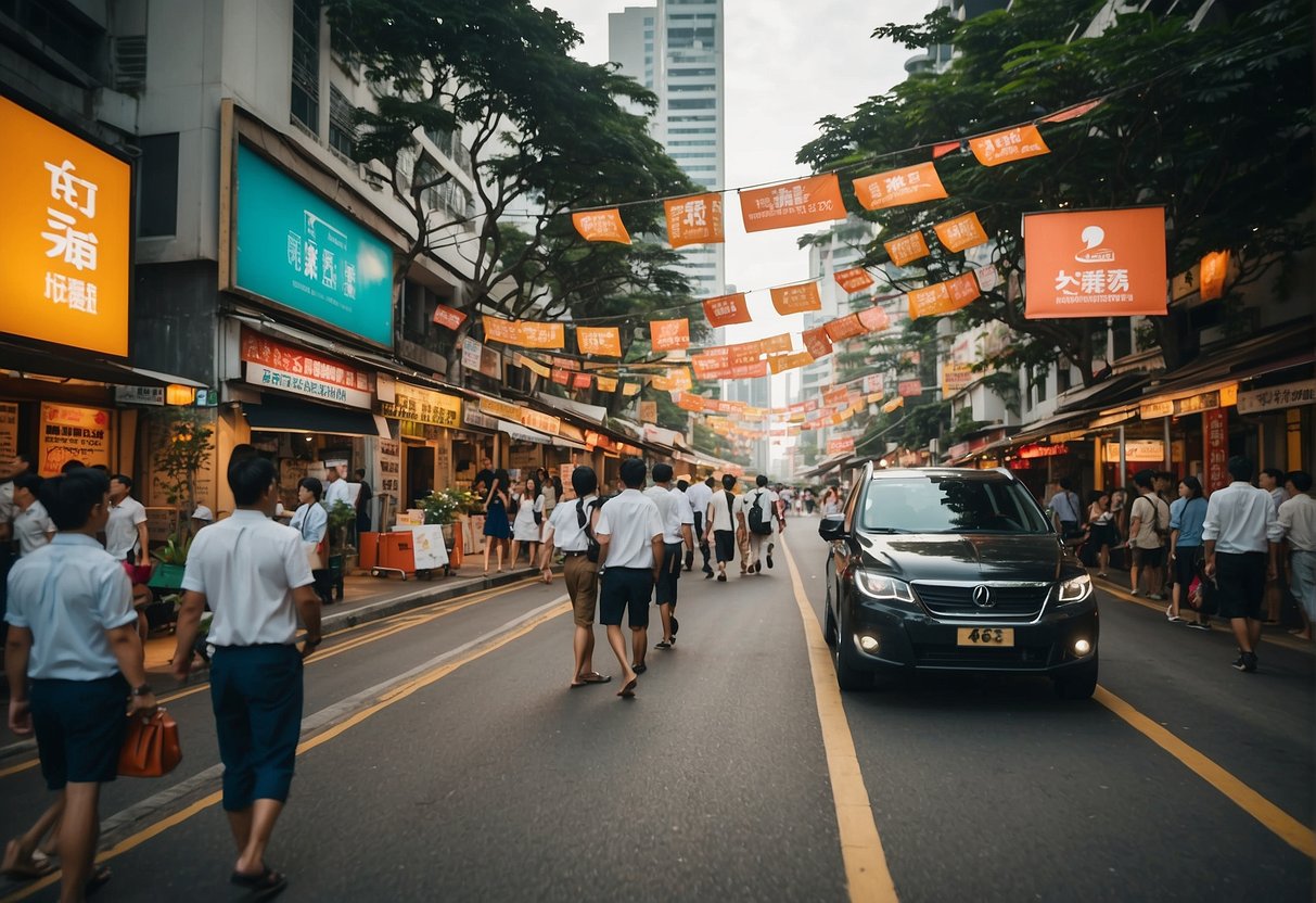 A bustling street in Singapore with colorful banners and signs promoting PC promotions