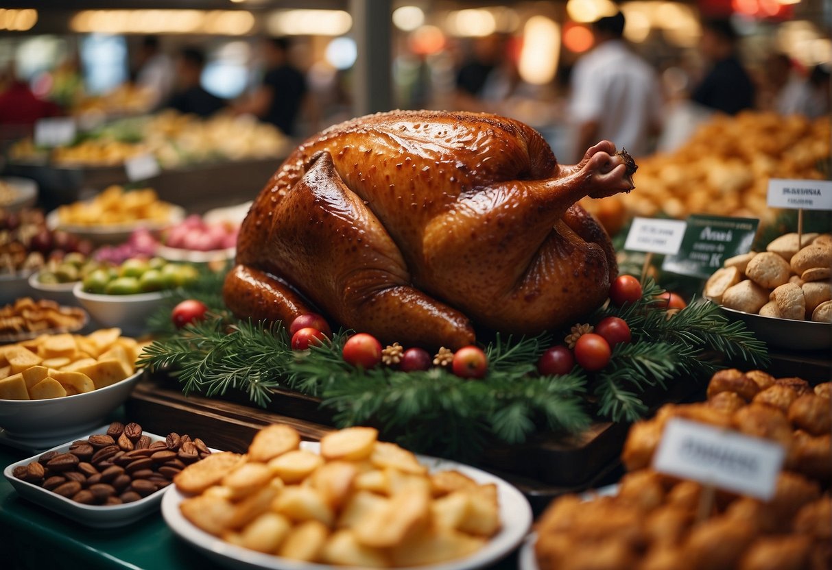 A festive Christmas ham display with promotional signage in a bustling Singapore market