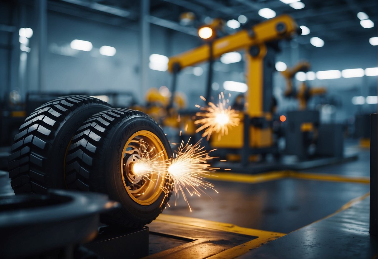 A futuristic tire manufacturing plant with robotic arms and cutting-edge machinery in action. Bright lights illuminate the high-tech production floor
