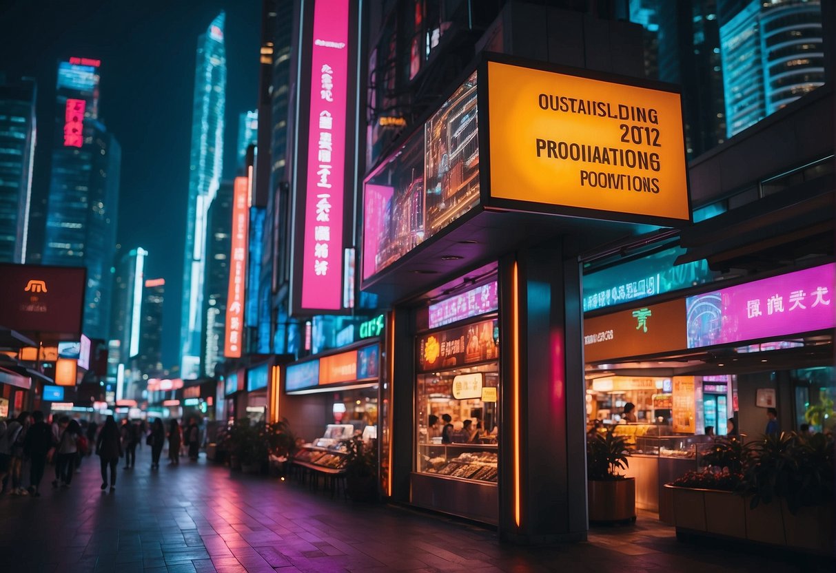 A vibrant cityscape with futuristic buildings and glowing neon signs advertising "Outstanding Promotions in 2024" by PC Promotions Singapore