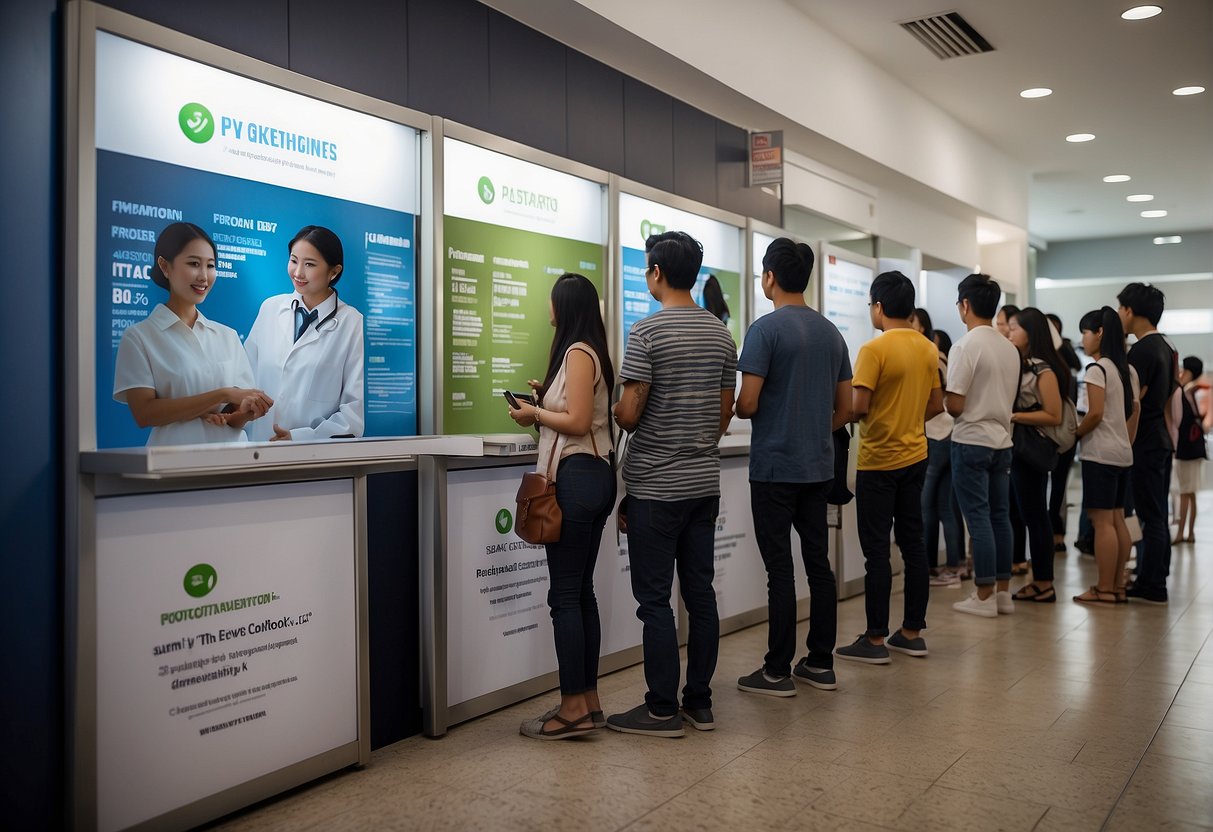 A group of people queuing outside a health screening promotion booth in Singapore, with banners and posters promoting the event