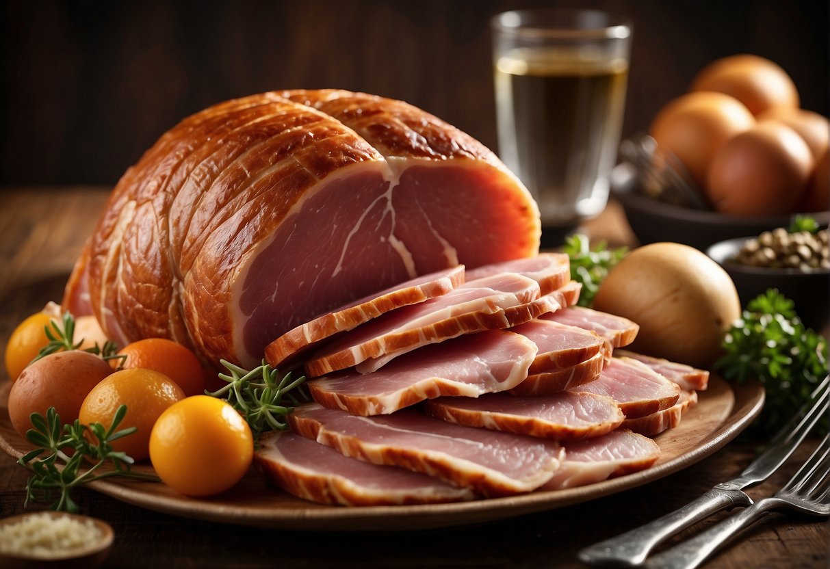 A table set with a variety of ham cuts, accompanied by serving utensils and promotional materials