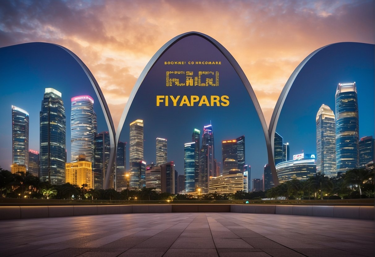 A colorful banner with "Frequently Asked Questions" and "Booking Promotions Singapore" displayed prominently. The background features iconic landmarks of Singapore
