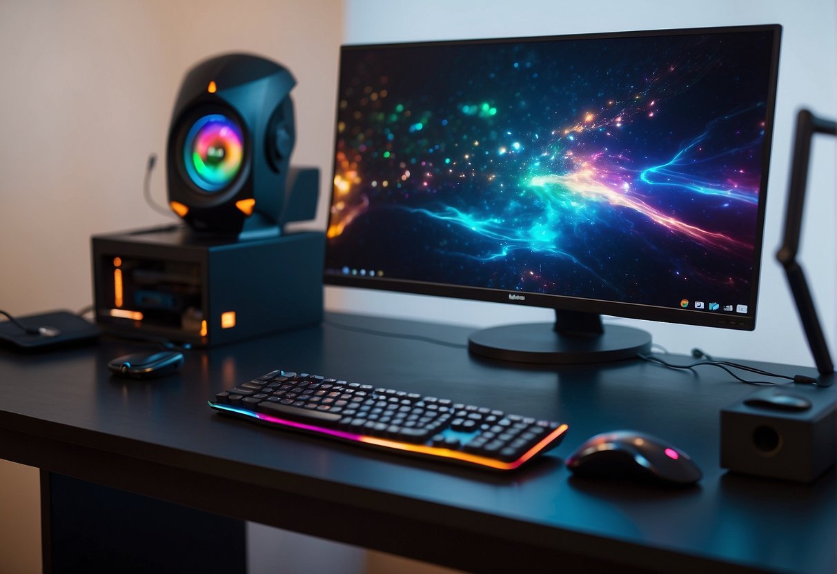 A sleek, modern gaming PC sits on a desk, surrounded by colorful LED lights. The screen displays vibrant graphics and the keyboard and mouse are positioned for action