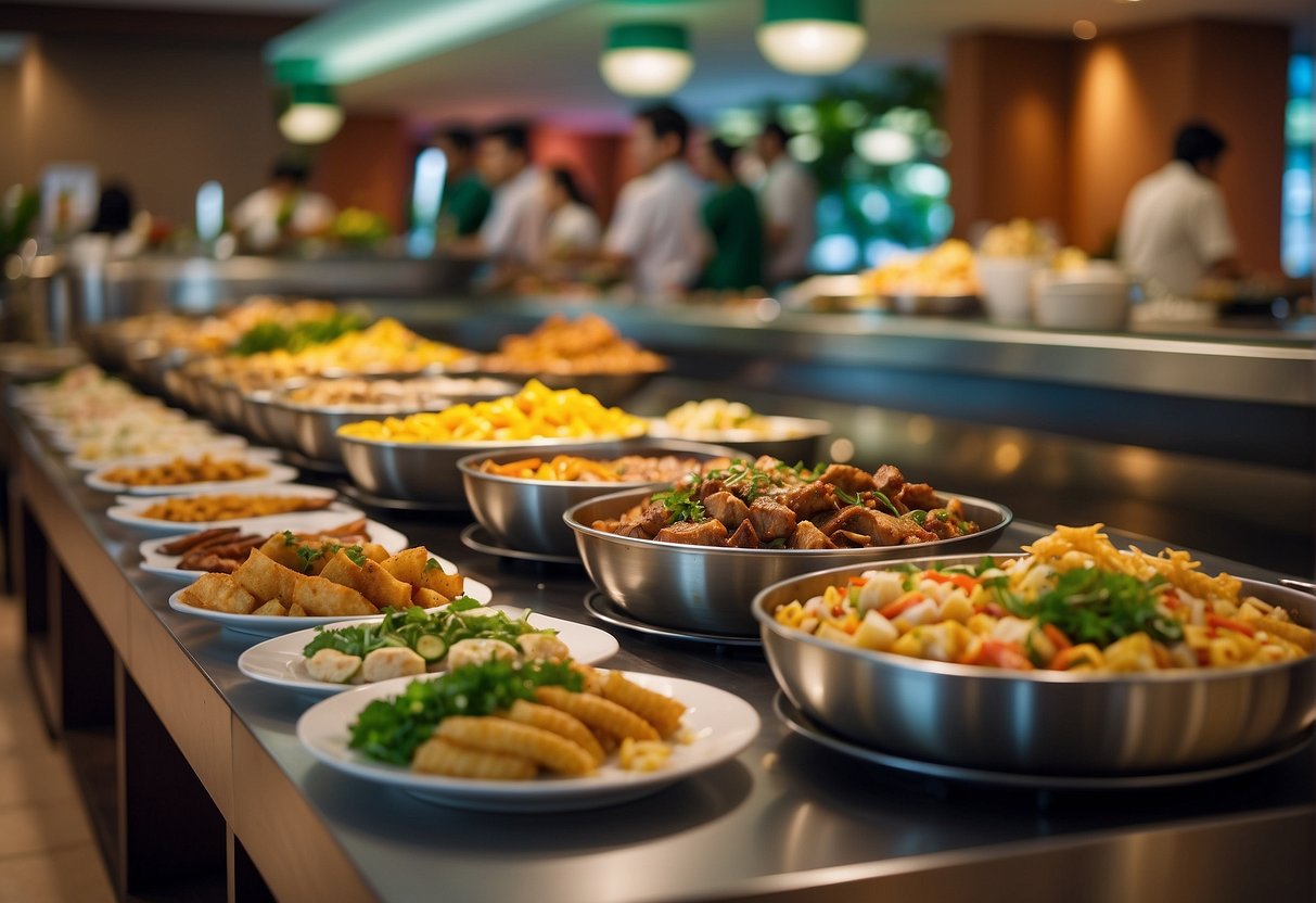 A bustling Holiday Inn buffet in Singapore, with a colorful spread of local and international dishes, vibrant decor, and happy diners enjoying the promotional offerings