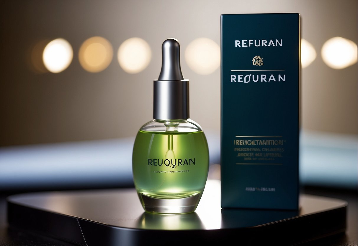 A glowing vial of Rejuran serum sits on a sleek, modern display stand, surrounded by soft, diffused light. The label reads "Revolutionary Rejuran Treatments" in elegant, bold lettering