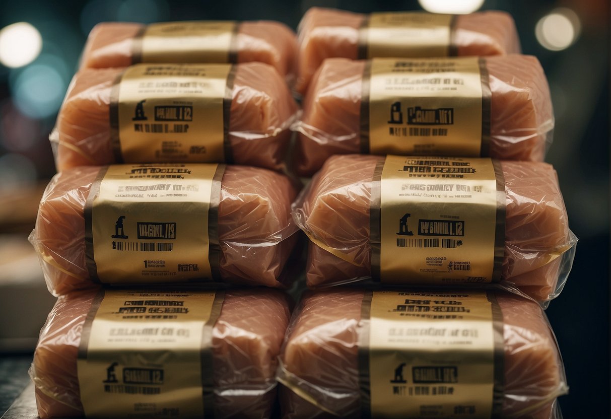A stack of promotional ham packages with a "Frequently Asked Questions" banner in a bustling Singapore market