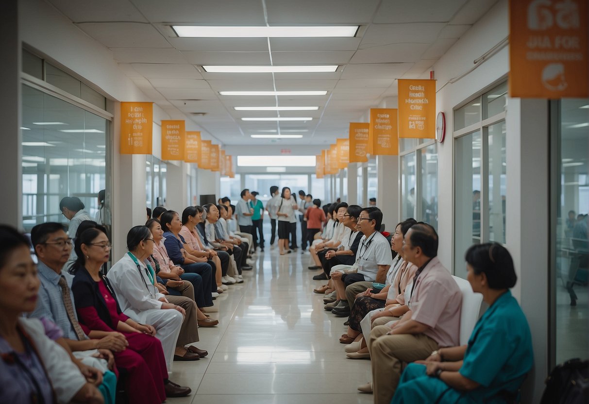 A bustling Singapore health clinic with colorful banners promoting comprehensive health screenings. Busy staff and patients fill the waiting area