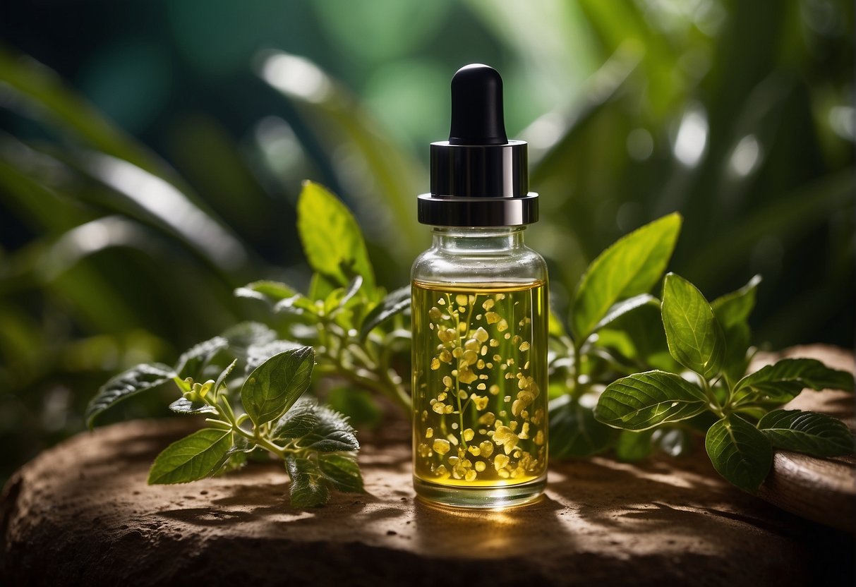 A glowing vial of Rejuran serum surrounded by botanical extracts and scientific equipment