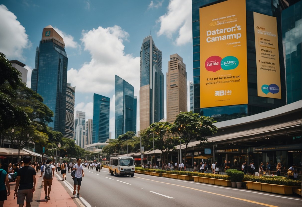 A bustling city street in Singapore adorned with colorful banners and signs promoting DataCamp's latest offers