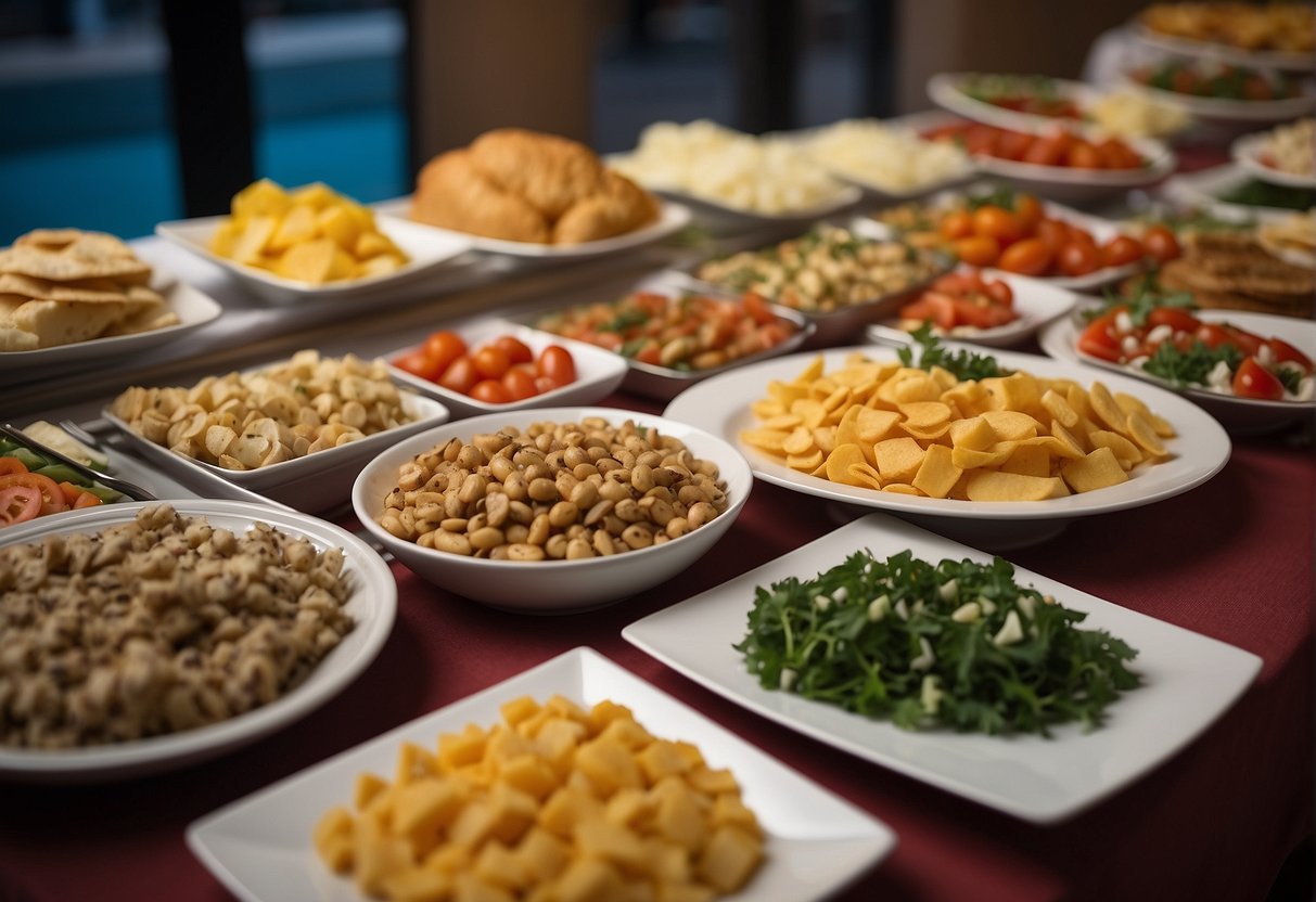 A colorful buffet spread at Holiday Inn, with a variety of dishes and drinks displayed on a well-decorated table