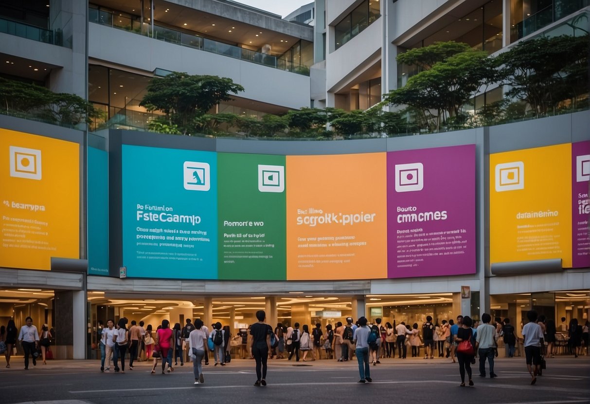 Bright, colorful banners advertising DataCamp's upskilling promotions in Singapore. Excited individuals engaging with interactive demos and learning materials