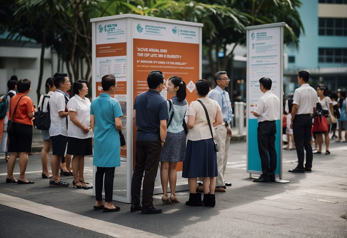 A group of people lining up at a health screening promotion booth in Singapore, with signs advertising subsidies and eligibility criteria