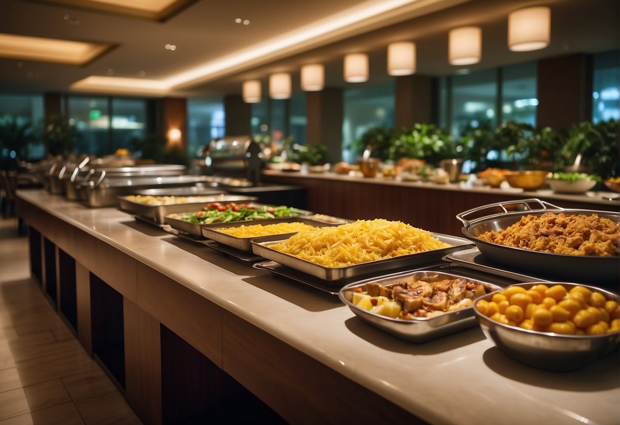 The bustling holiday inn buffet in Singapore showcases a lavish spread of international cuisine, with vibrant decor and attentive service