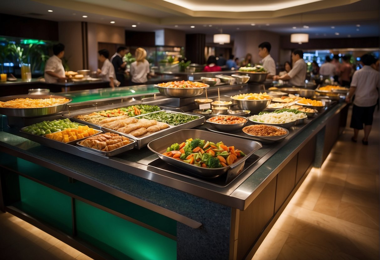 A bustling holiday inn buffet in Singapore, with colorful food displays and happy diners enjoying promotional deals