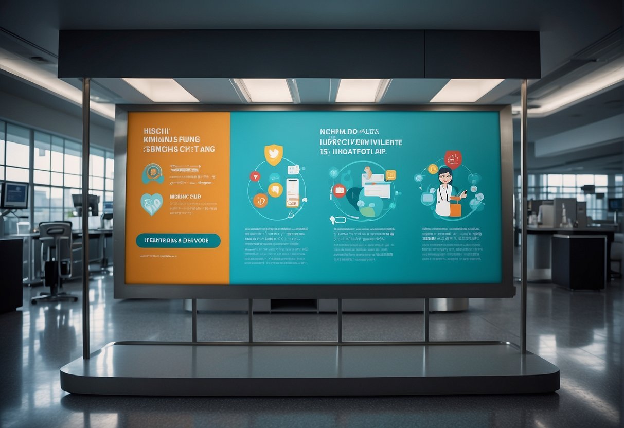 A colorful banner promoting health screening in Singapore with bold text and imagery of medical tools and symbols