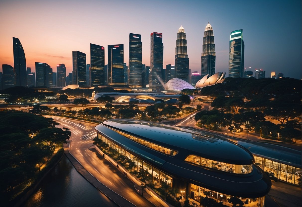 A vibrant cityscape with iconic landmarks and bustling streets, showcasing the energy and excitement of Singapore's lash promo scene