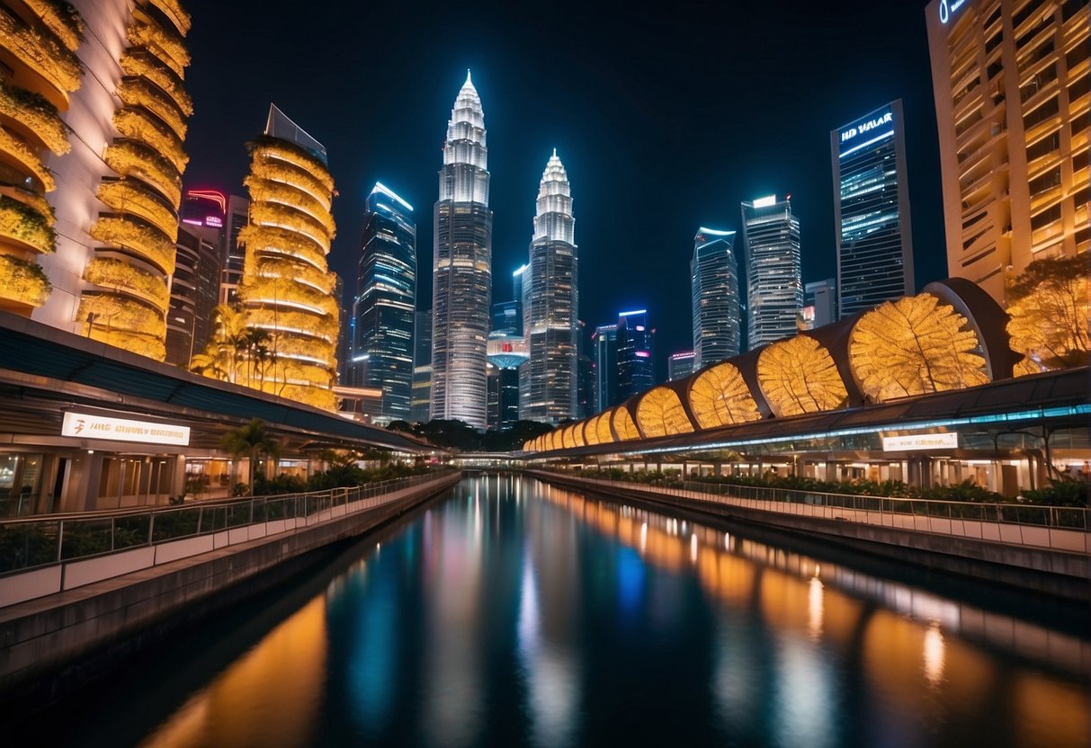 Vibrant cityscape with iconic Singapore skyline and bustling streets filled with colorful signs and advertisements for HD promotions