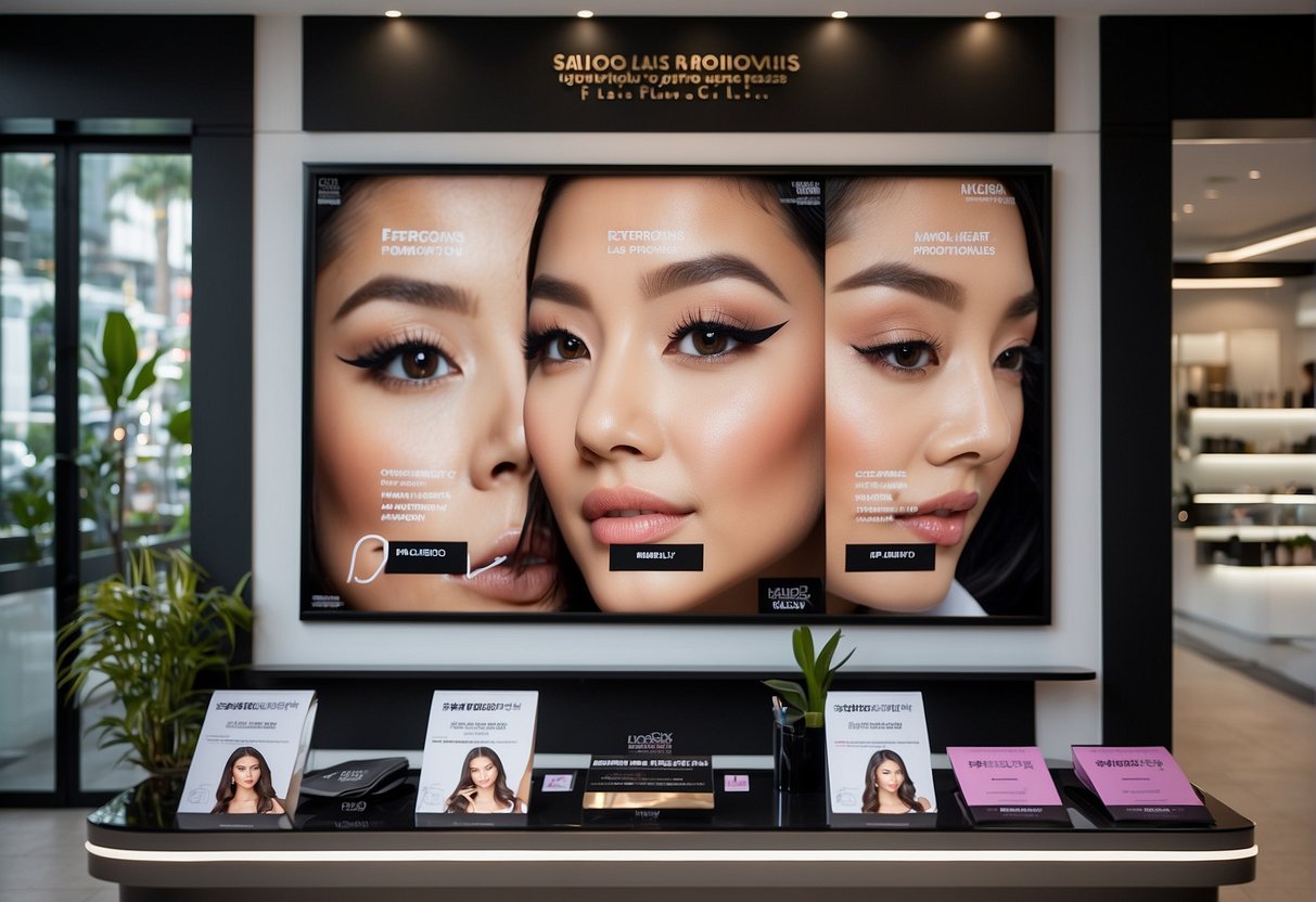 A salon display board showcases "Current Lash Extension Promotions in Singapore" with bold, eye-catching text and images of fluttery, voluminous lashes
