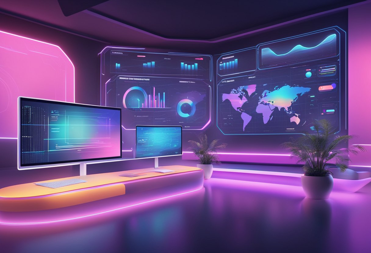 A futuristic studio with holographic screens showing analytics and graphs of the fastest growing YouTube channel in 2022. Futuristic technology and sleek design dominate the space