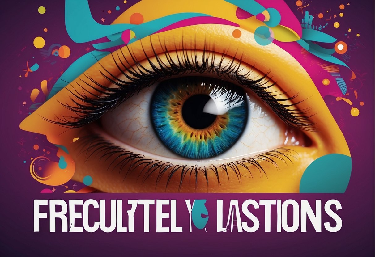A bold, eye-catching banner featuring the words "Frequently Asked Questions lash promo singapore" in a sleek, modern font, surrounded by fluttering eyelashes and vibrant, attention-grabbing colors