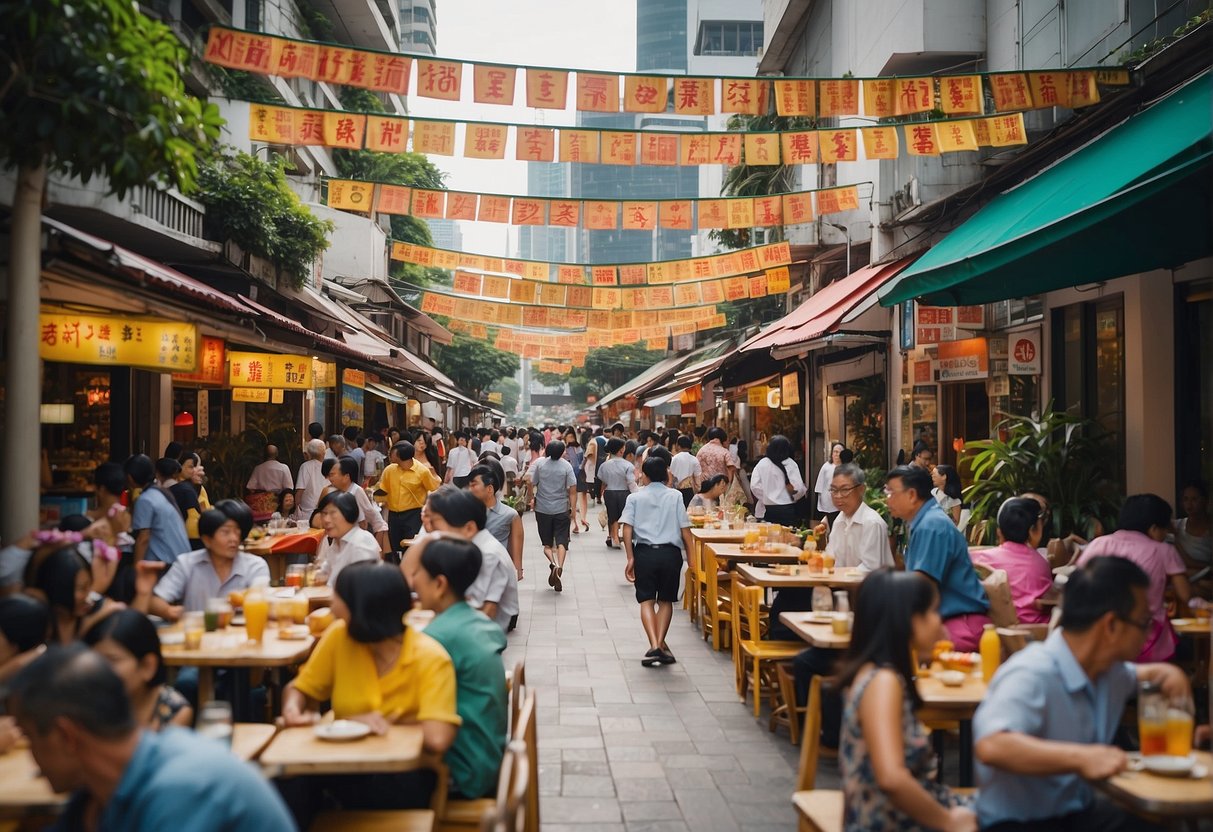 A vibrant street in Singapore with colorful banners and signs advertising "Lenu Lunch Promotions." The scene is bustling with people enjoying the food and lively atmosphere