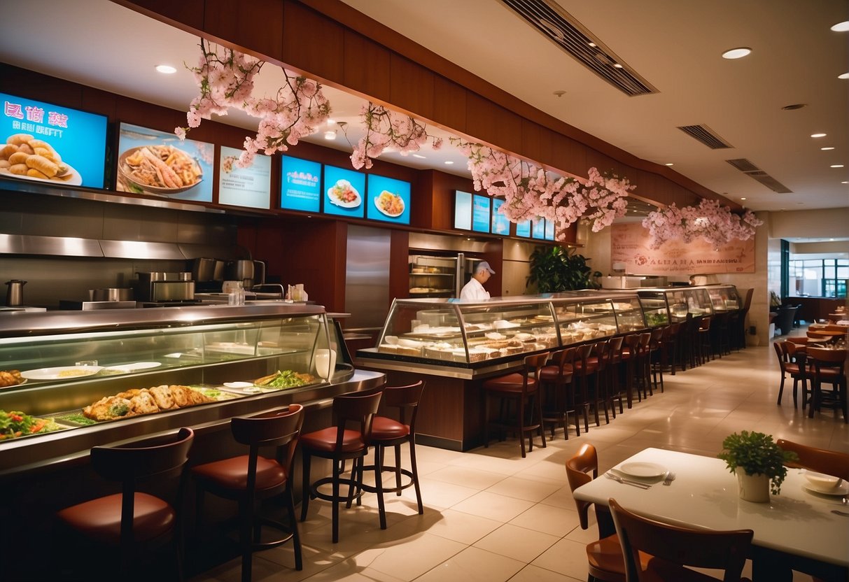 A bustling restaurant with a colorful array of international dishes, cherry blossom decor, and promotional signs for Sakura International Buffet in Singapore