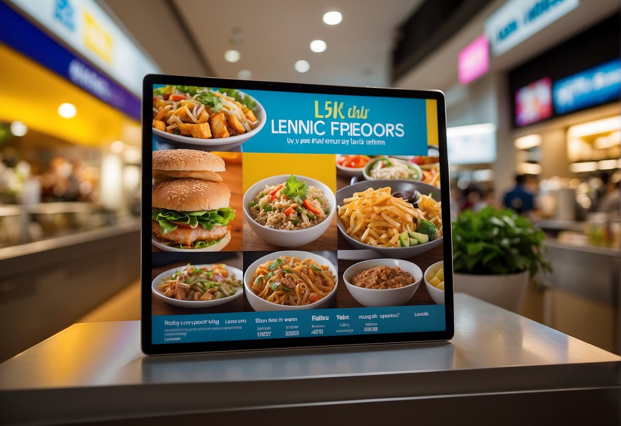 A colorful display of Lenu's current lunch promotions in a bustling Singapore setting. Eye-catching signage and delicious food items are featured prominently