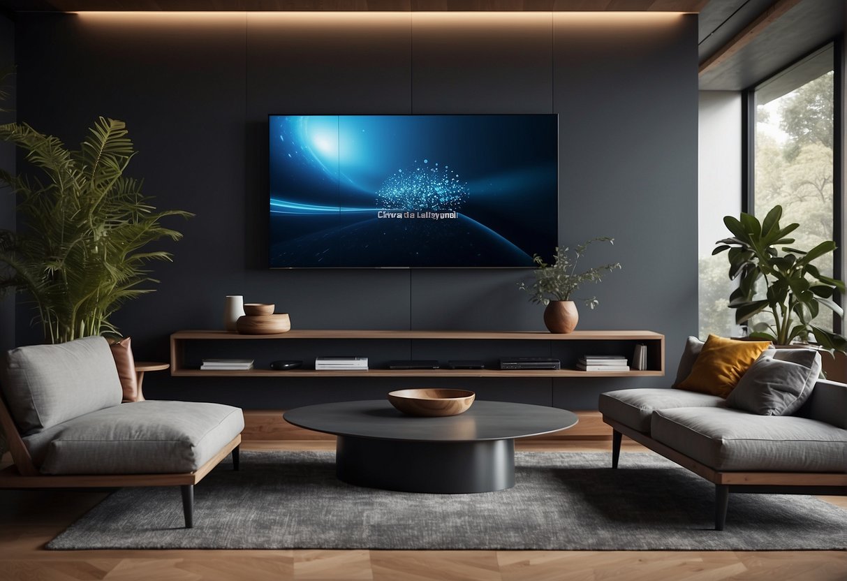 A sleek, modern living room with a large flat-screen TV, surround sound speakers, and streaming devices. Brightly lit with a cozy, inviting atmosphere