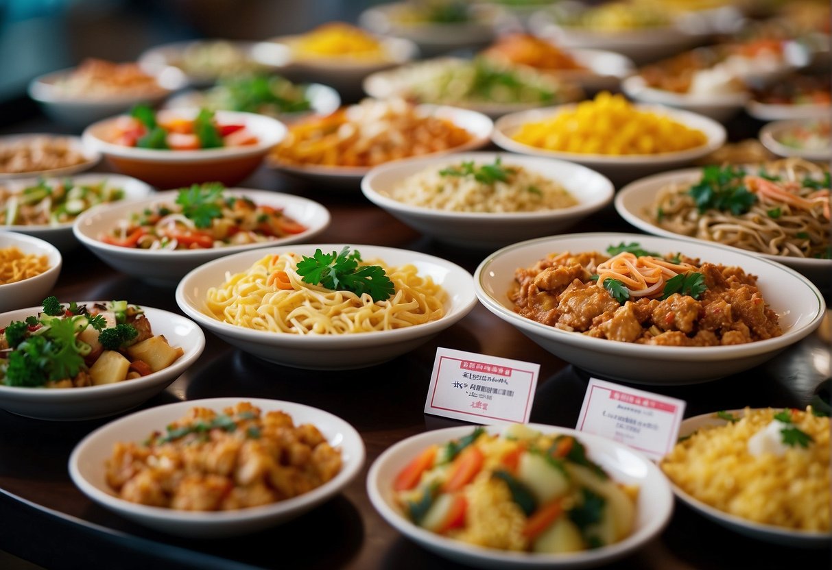 A vibrant array of international dishes displayed on a buffet table, with colorful signage promoting exciting promotions at Sakura International Buffet in Singapore