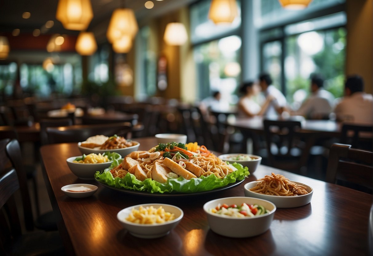 A table with various lunch items and a promotional sign at a busy Singapore restaurant