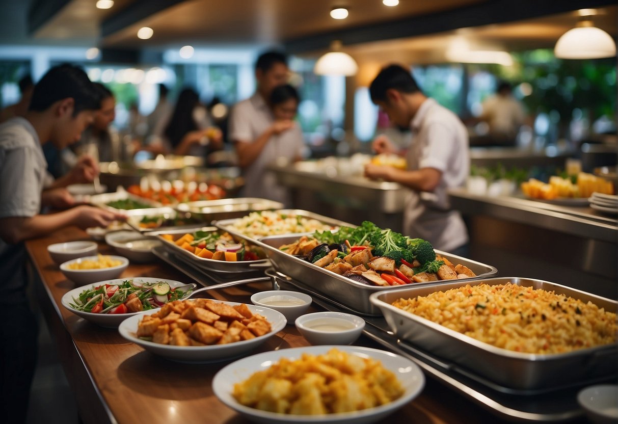 A bustling buffet restaurant in Singapore, filled with colorful dishes and happy diners enjoying irresistible promotions