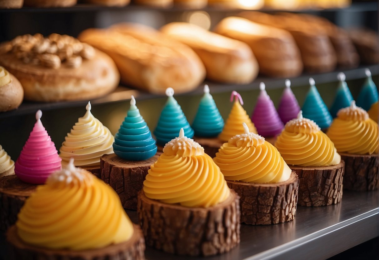 A festive display of log cakes at a bakery in Singapore, with colorful decorations and signs promoting special discounts