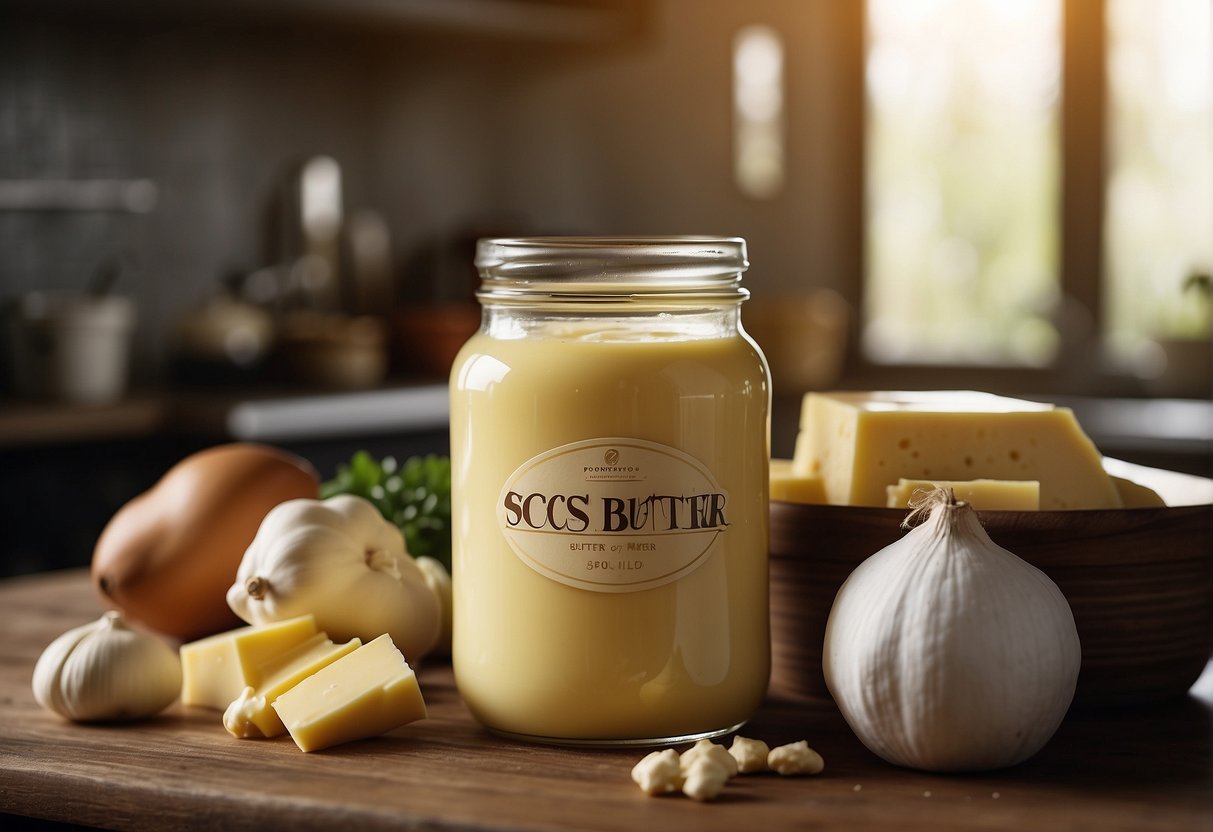 A jar of SCS butter sits on a kitchen counter, surrounded by fresh ingredients and a recipe book. A promotional banner hangs in the background